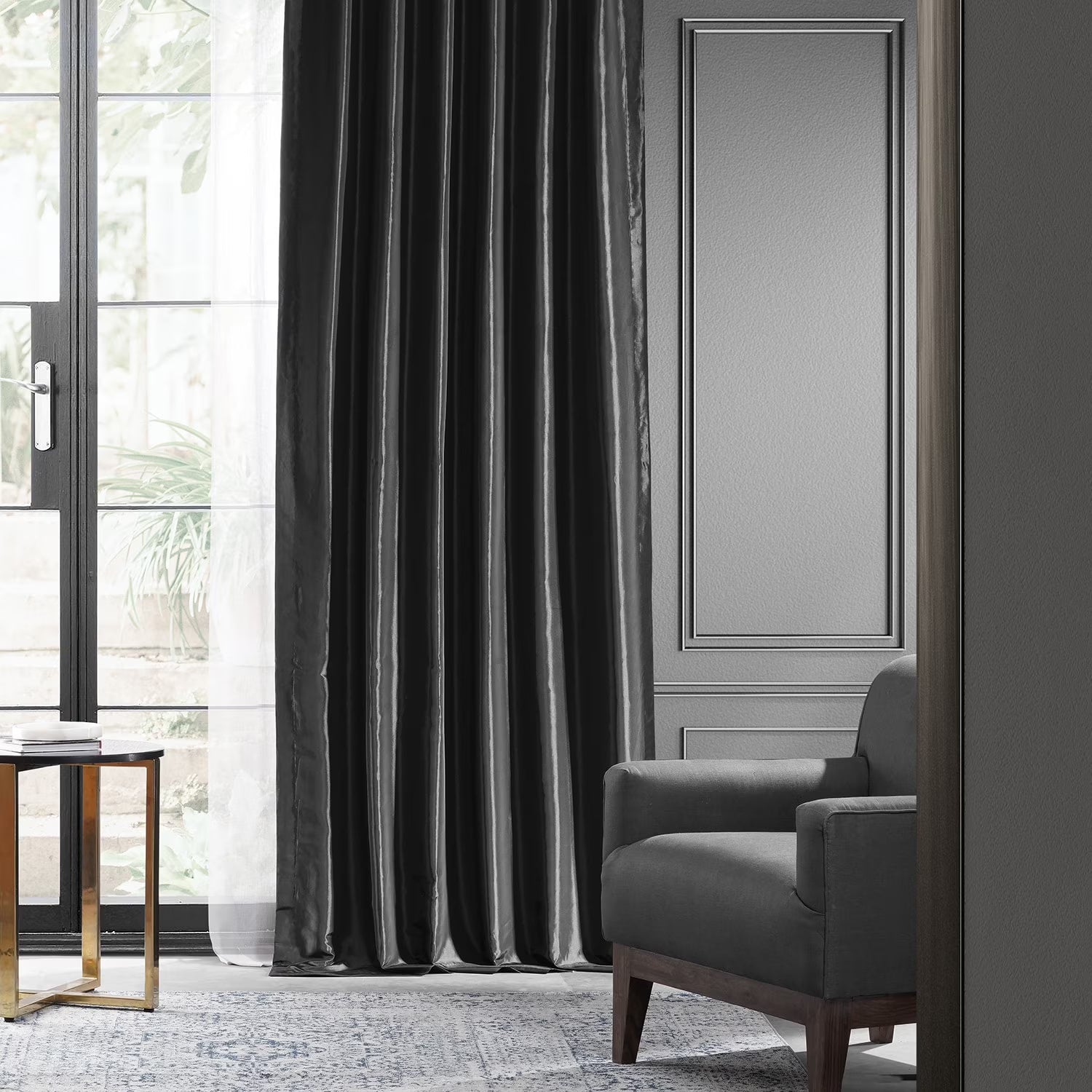 Black Faux Silk Taffeta Curtain 1 Panel 50W X 84L V3514