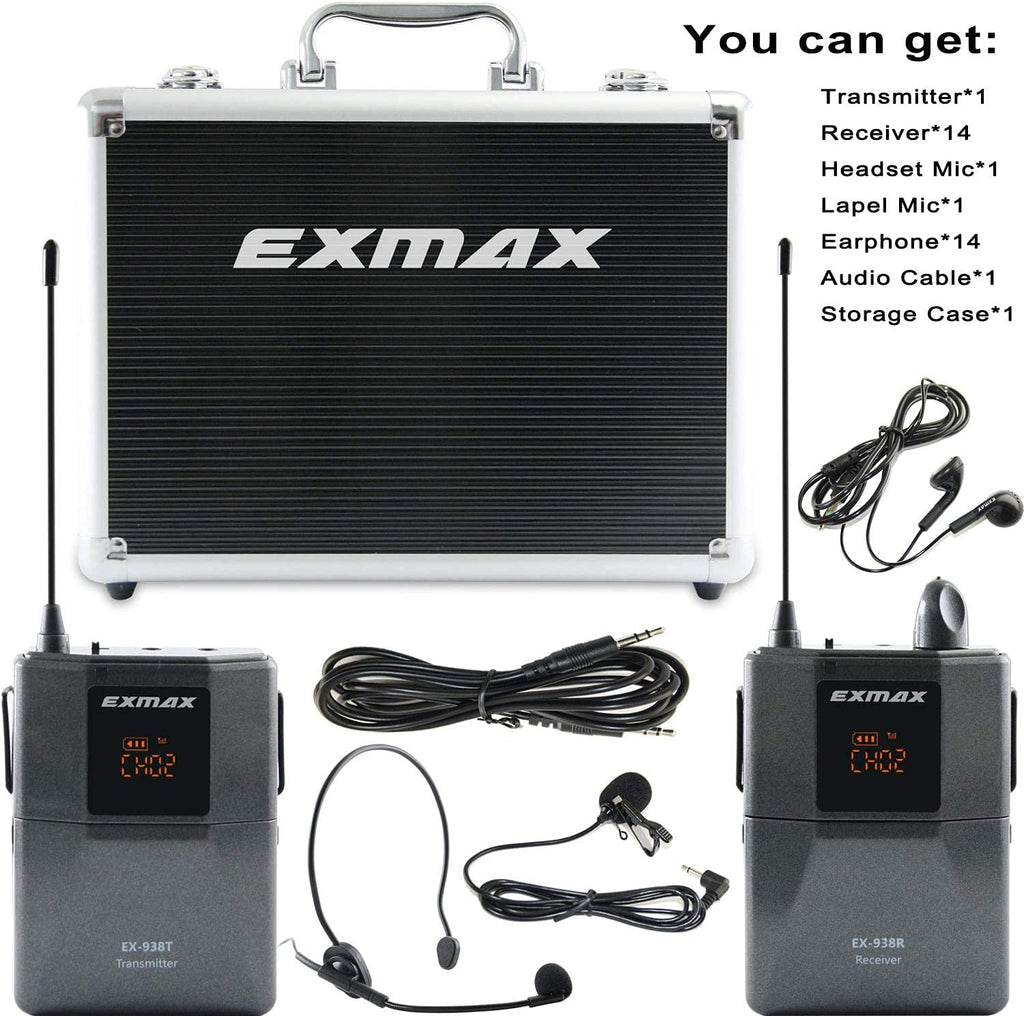 Wireless Headset Microphone Tour Guide System (1 Transmitter 14 Receivers with Black Storage Case) L335