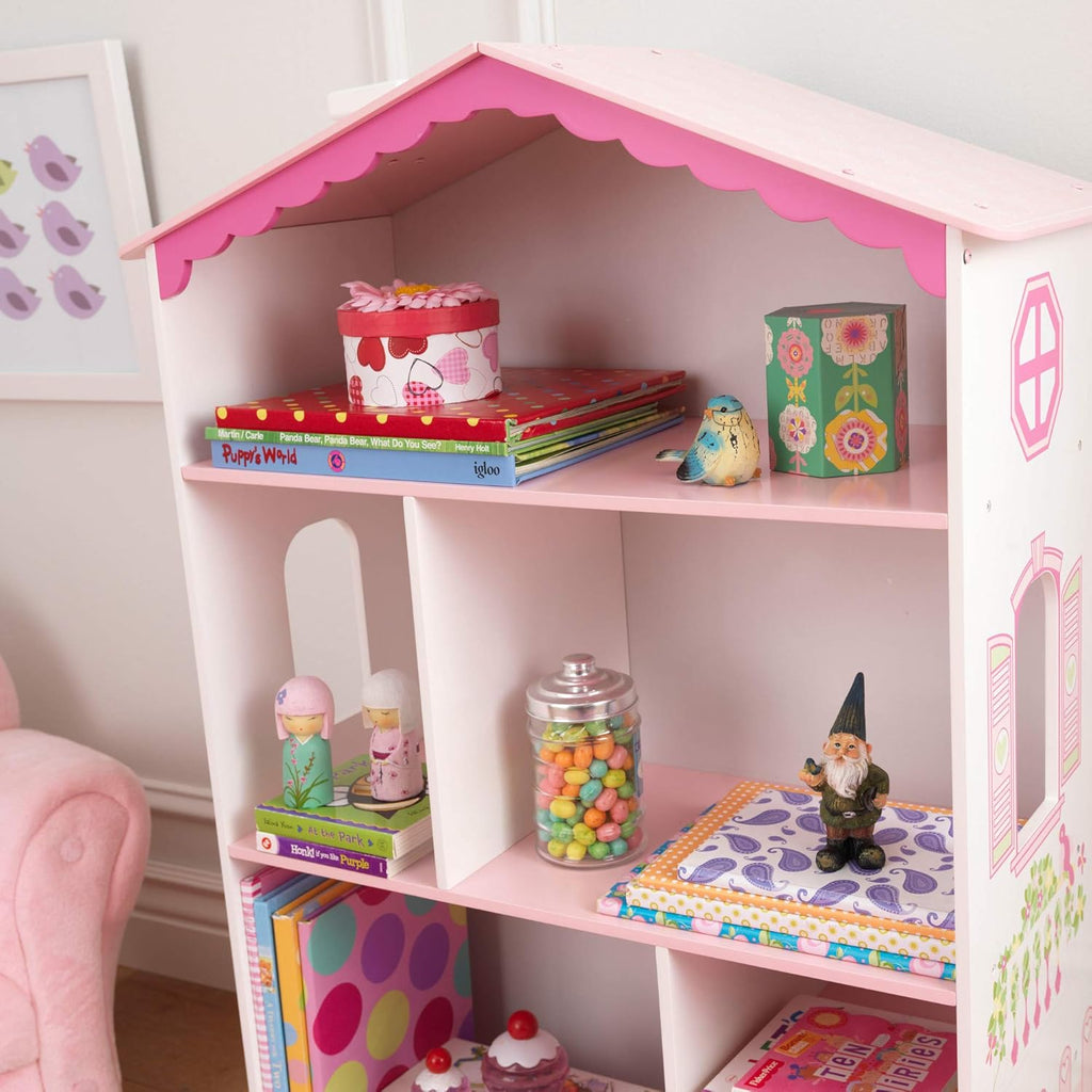 Wooden Dollhouse Bookcase with Shelves and Hidden Storage J389671