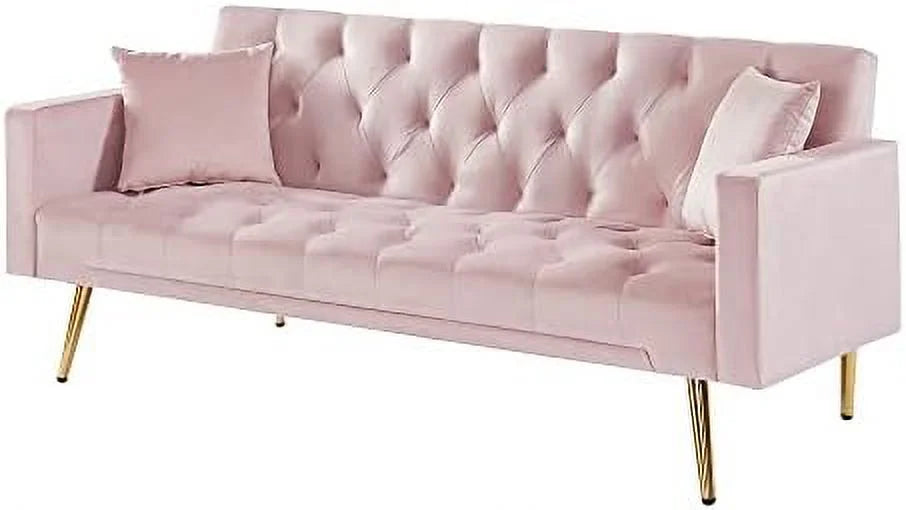 Pink Velvet Futon Sofa Bed with Two Pillows and Metal Legs L36056