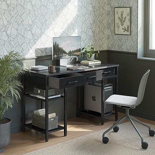 Black 47 Inch Computer Desk with 3 Drawers and Storage Shelves Y1800