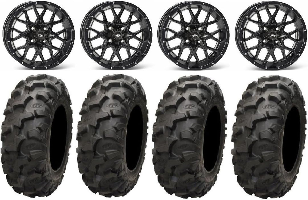 Matte Black 15 Wheels Blackwater Tires 4x137 Bolt Pattern 10mmx1.25 Lug Kit J110869