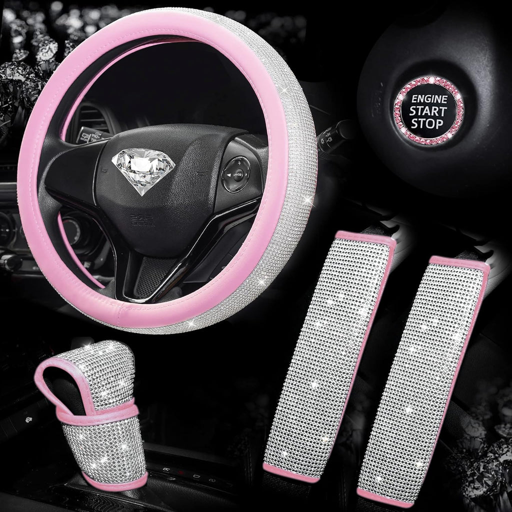 Pink Bling Diamond Steering Wheel Cover 15Inch, Rhinestone Seat Belt Covers 2pcs, Glitter Shift Knob Cover, Crystal Push Start Button U596227