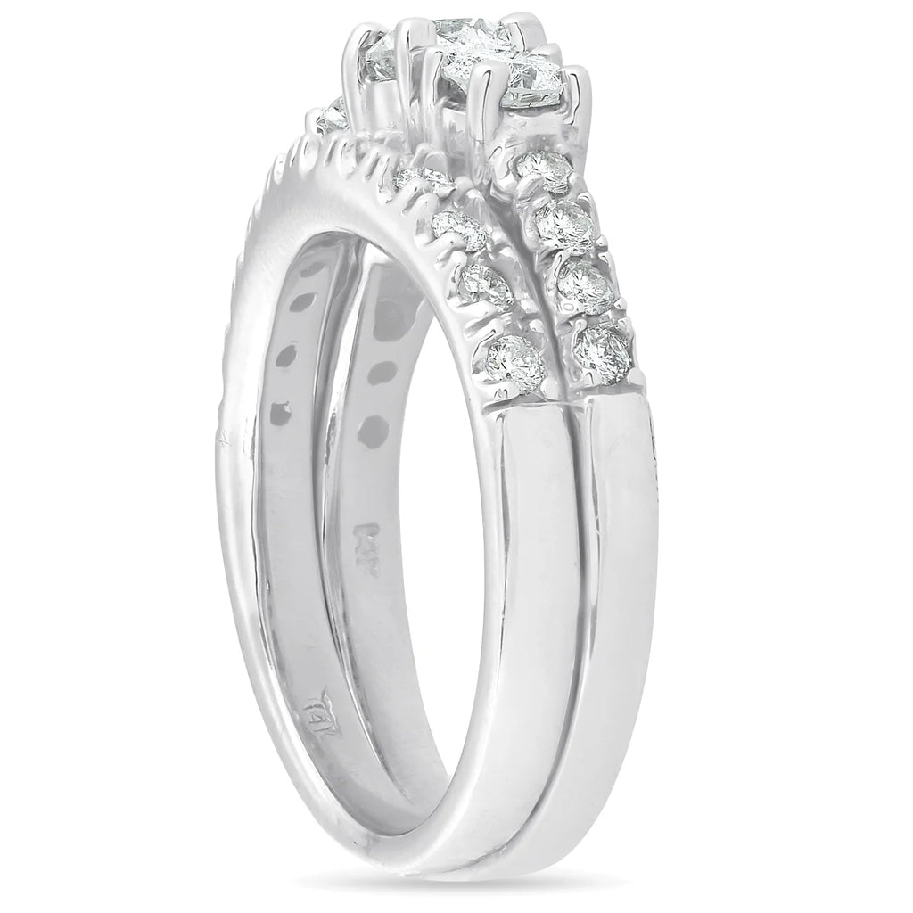 1 1/2 ct 3-Stone Diamond Engagement Ring Matching Wedding Band Set White Gold X9260