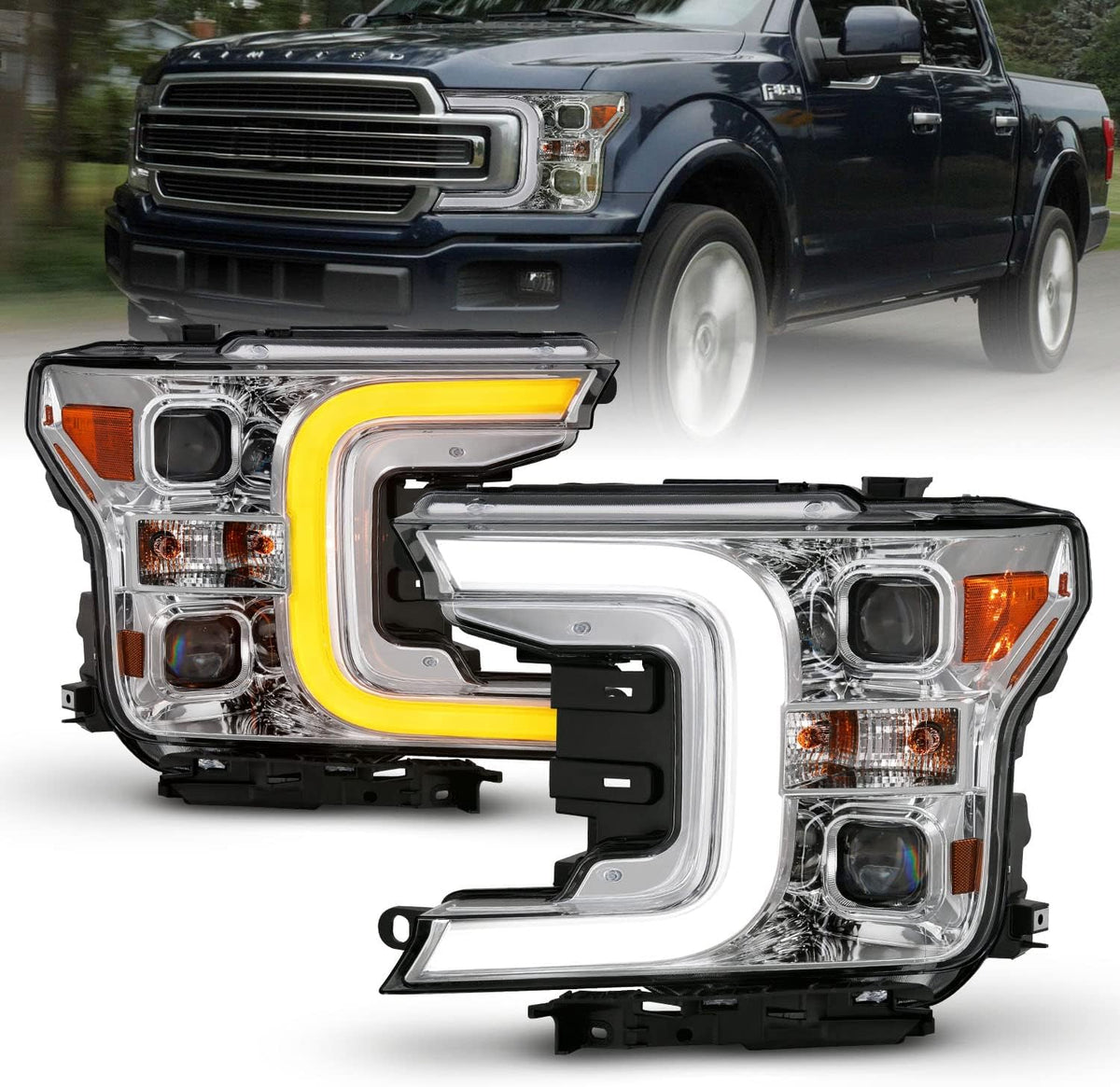 Black Quad Projector Headlights with LED Light Bar Assembly Set B508