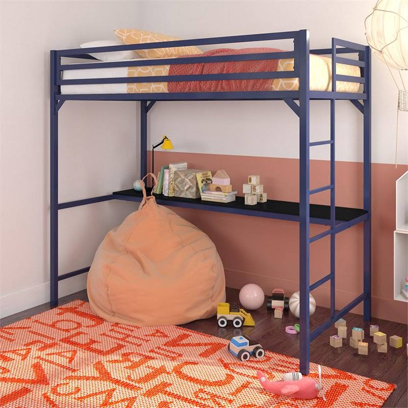 Twin Metal Loft Bed with Desk in Blue E910