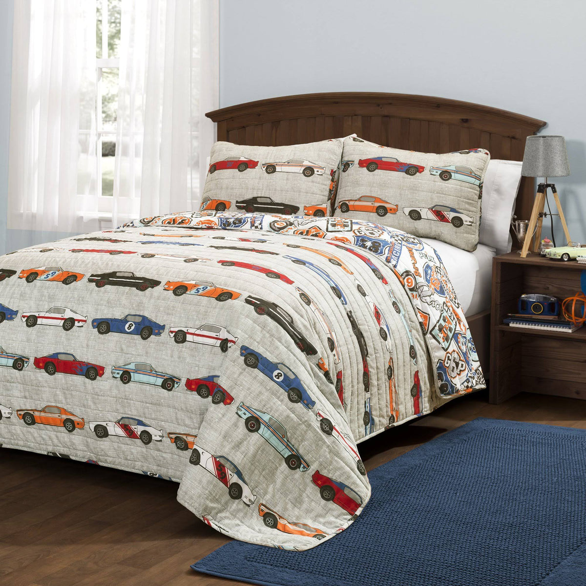Blue & Orange Race Cars Quilt Set Twin V5135