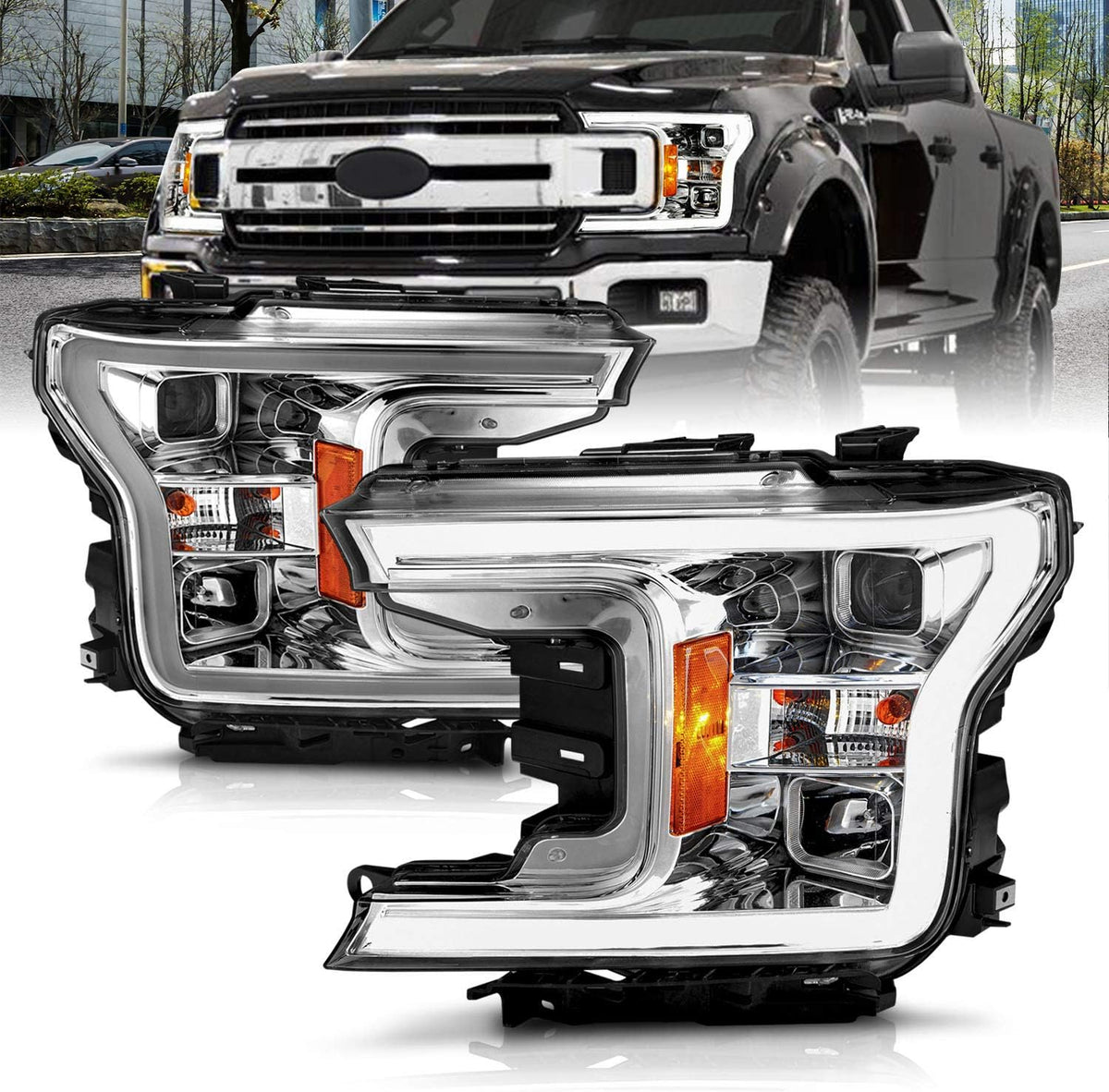Black Quad Projector Headlights with LED Light Bar Assembly Set B508