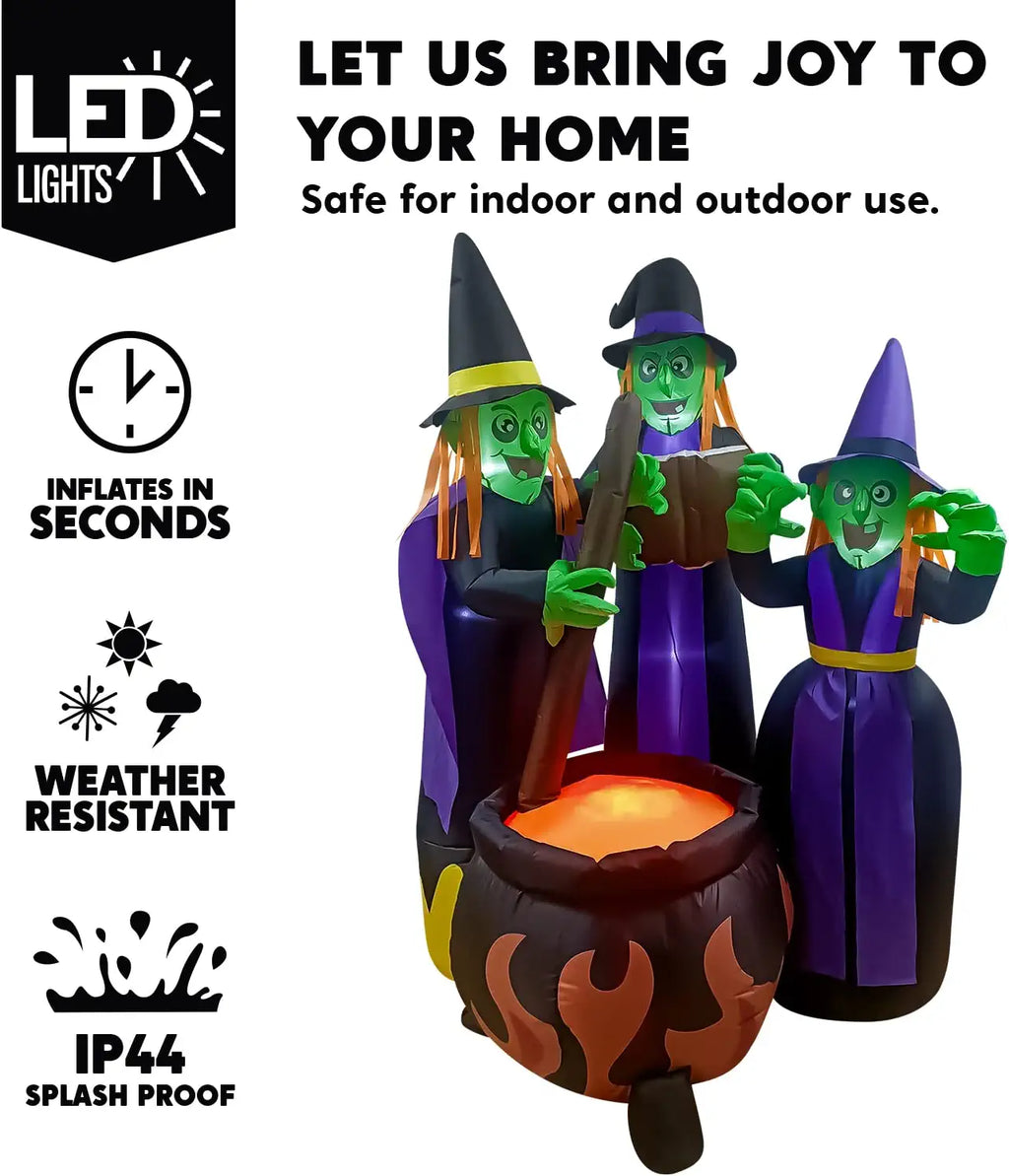 6 FT Tall Halloween Inflatable Three Witch Around Cauldron with Flame Light D25339