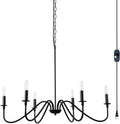 6-Light Candle Ceiling Light Farmhouse Chandelier Wood Rustic Industrial Pendant Lighting V82377