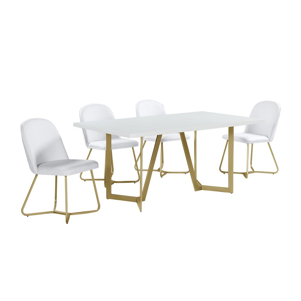 5pc White Wood Top Rectangle Dining Table with 4 White Faux Leather Chairs Y978