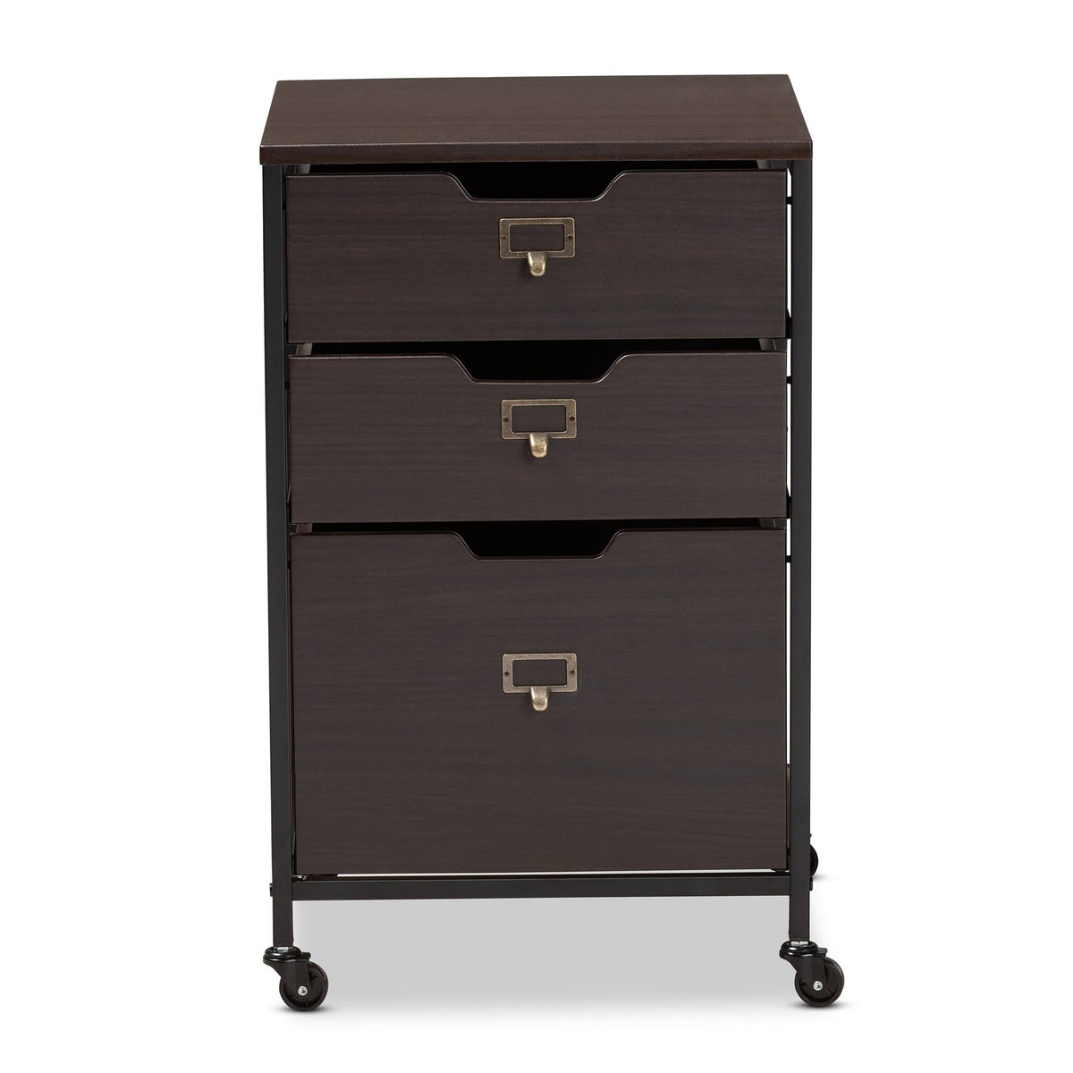 Espresso Wood and Black Metal Mobile File Cabinet 3-Drawer O2602