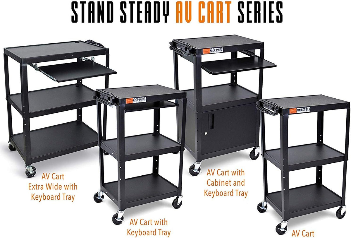 AV Cart on Wheels with Height Adjustable Top Shelf, Pullout Keyboard Tray, 15 ft Power Cord, 42in x 24in x 18in, Black Q56535