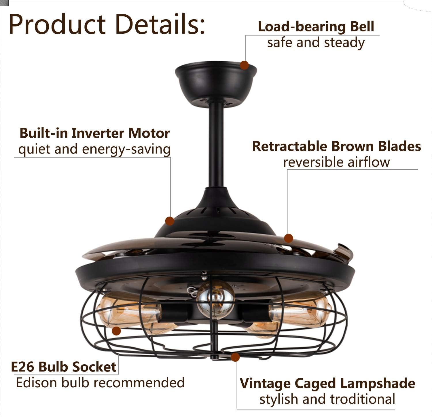 48 Reversible Industrial Ceiling Fan with Lights and Remote Black M822438