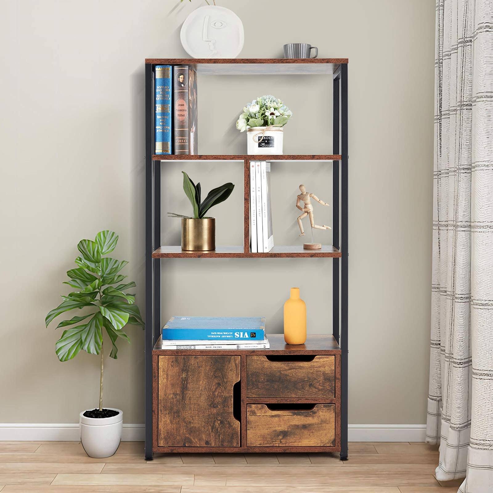 Industrial Bookcase with Cabinets, 3-Tier Freestanding Storage Bookshelf, Wooden and Metal Organizer Rack U1239