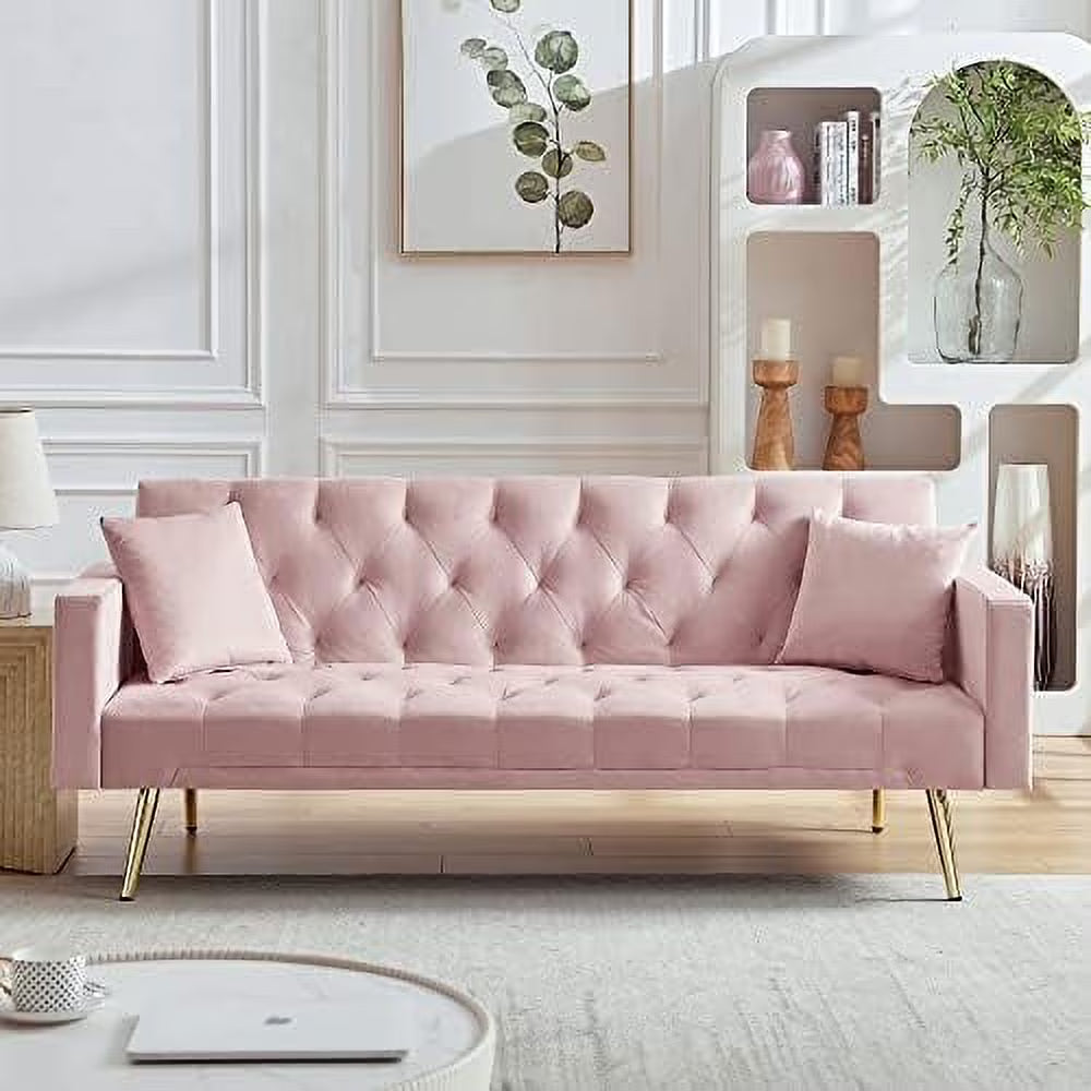 Pink Velvet Futon Sofa Bed with Two Pillows and Metal Legs L36056