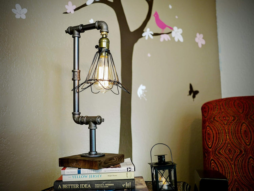Pack of 2 Steampunk Table Lamp with Wood Base Iron Retro Lighting S5057