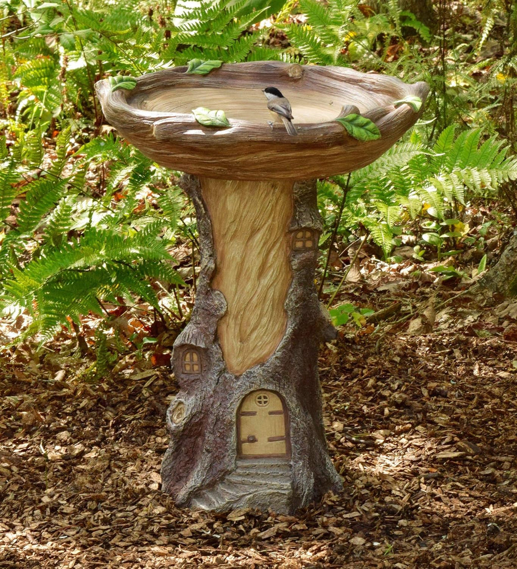 Full-Size Fairy Garden Birdbath with Miniature Fairy House in A Tree Stump, Hand-Painted Wood-Look Resin, 18 Dia. x 23½H Pack of 2 N183