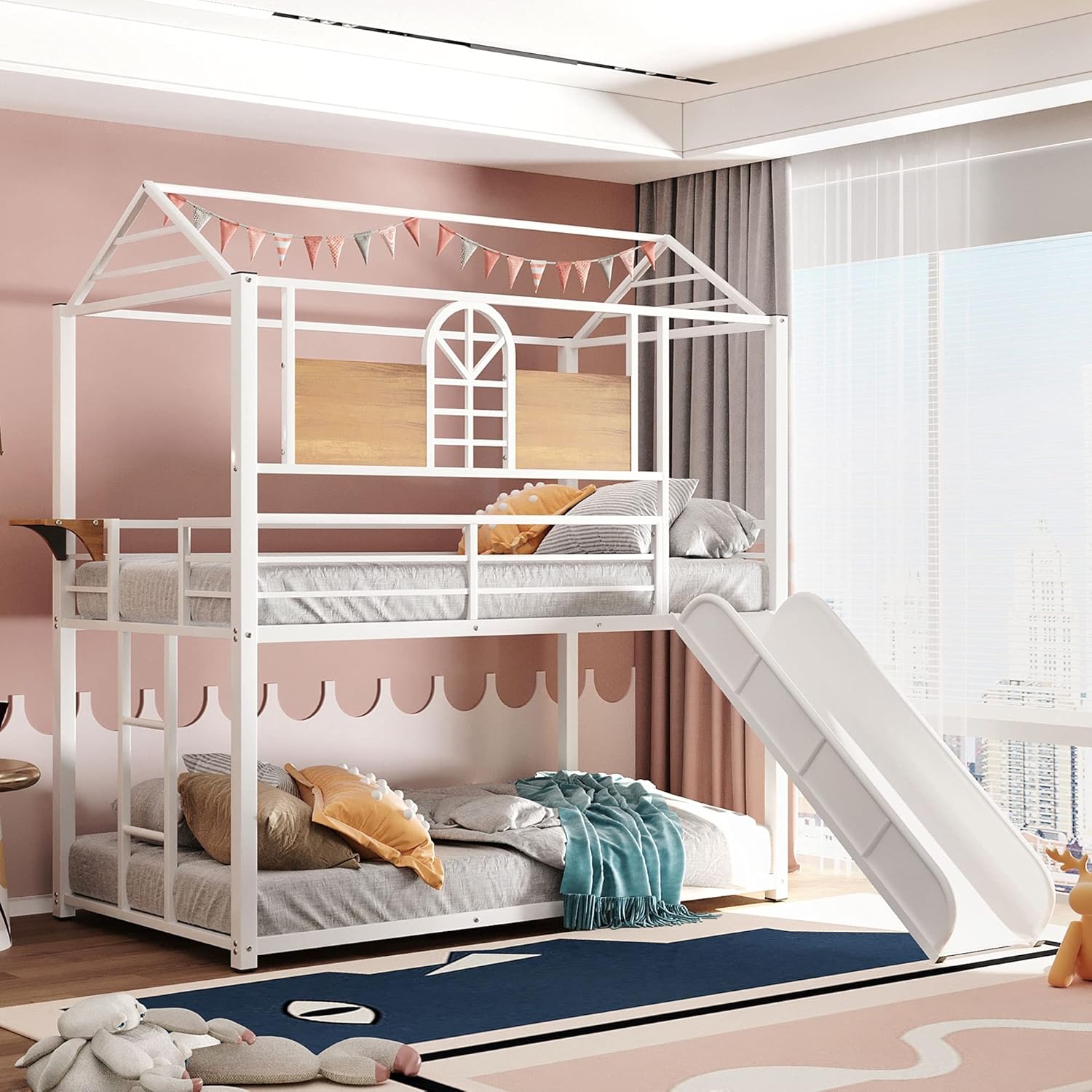 Twin Over Twin Metal Bunk Bed with Slide and Integrated Ladder, Black X460