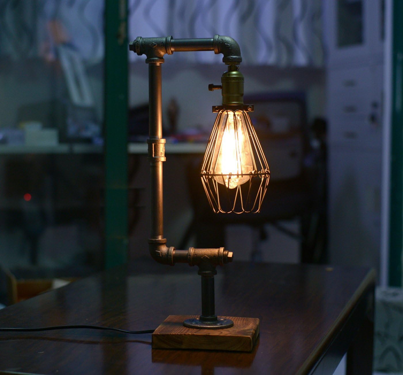 Pack of 2 Steampunk Table Lamp with Wood Base Iron Retro Lighting S5057