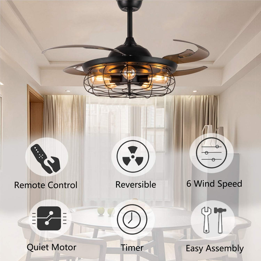 48 Reversible Industrial Ceiling Fan with Lights and Remote Black M822438