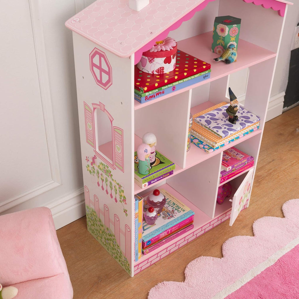 Wooden Dollhouse Bookcase with Shelves and Hidden Storage J389671