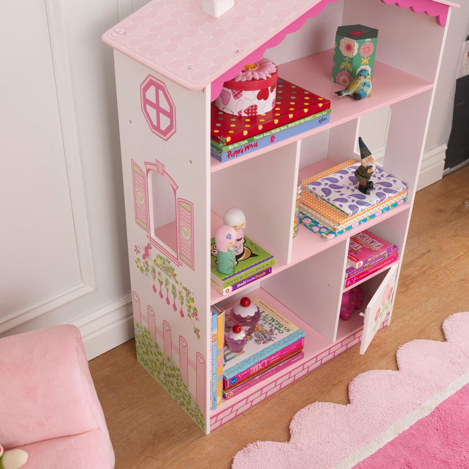 Wooden Dollhouse Bookcase with Shelves and Hidden Storage J389671