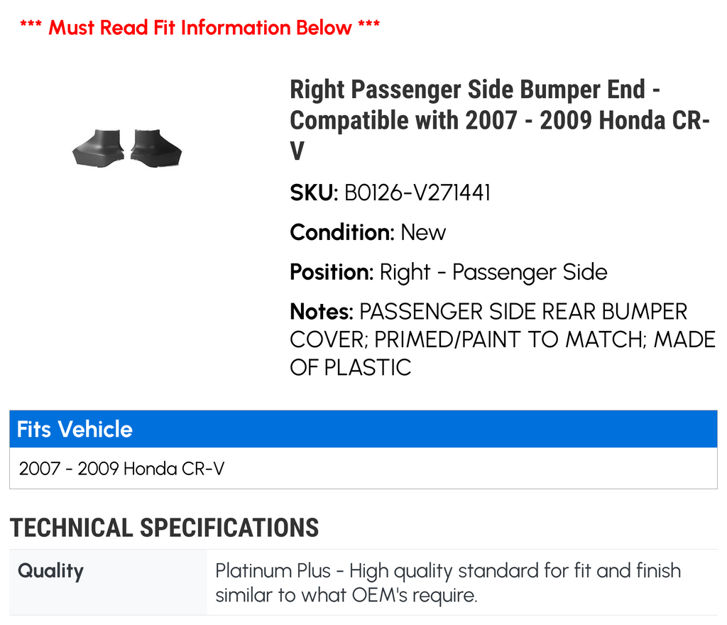 2007-2009 Honda CR-V Right Passenger Side Bumper End W92460