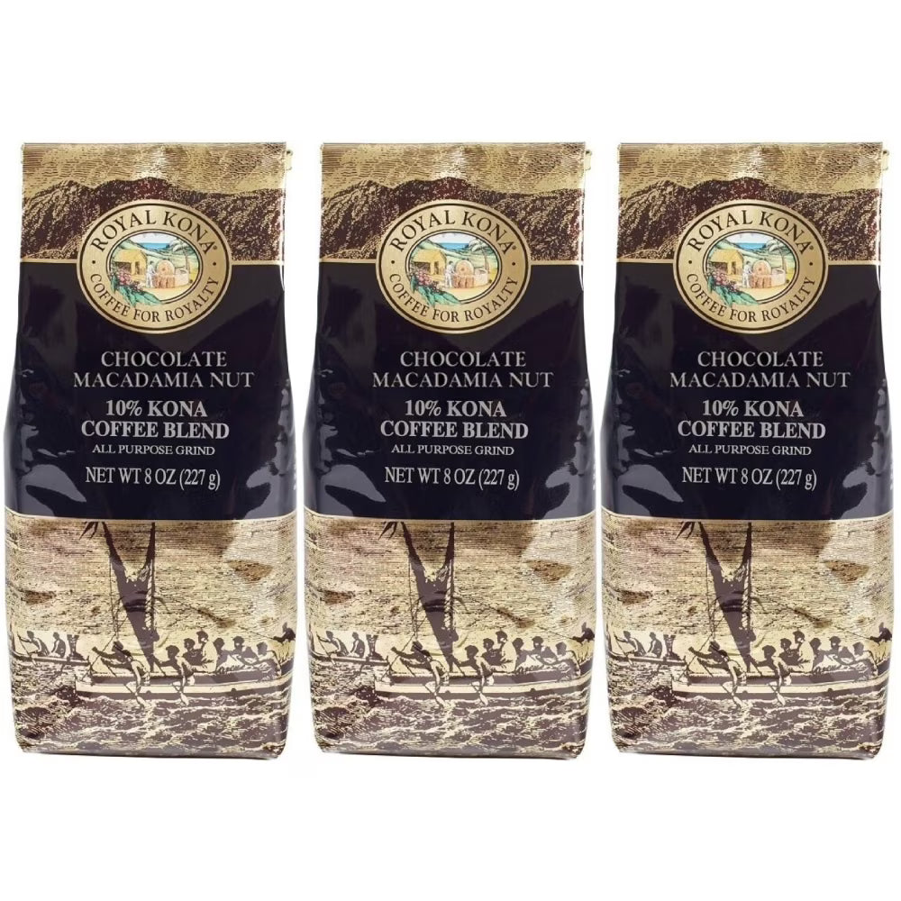10% Kona Blend Chocolate Macadamia Coffee, 8 Ounce Bag (Pack of Three) Y9270
