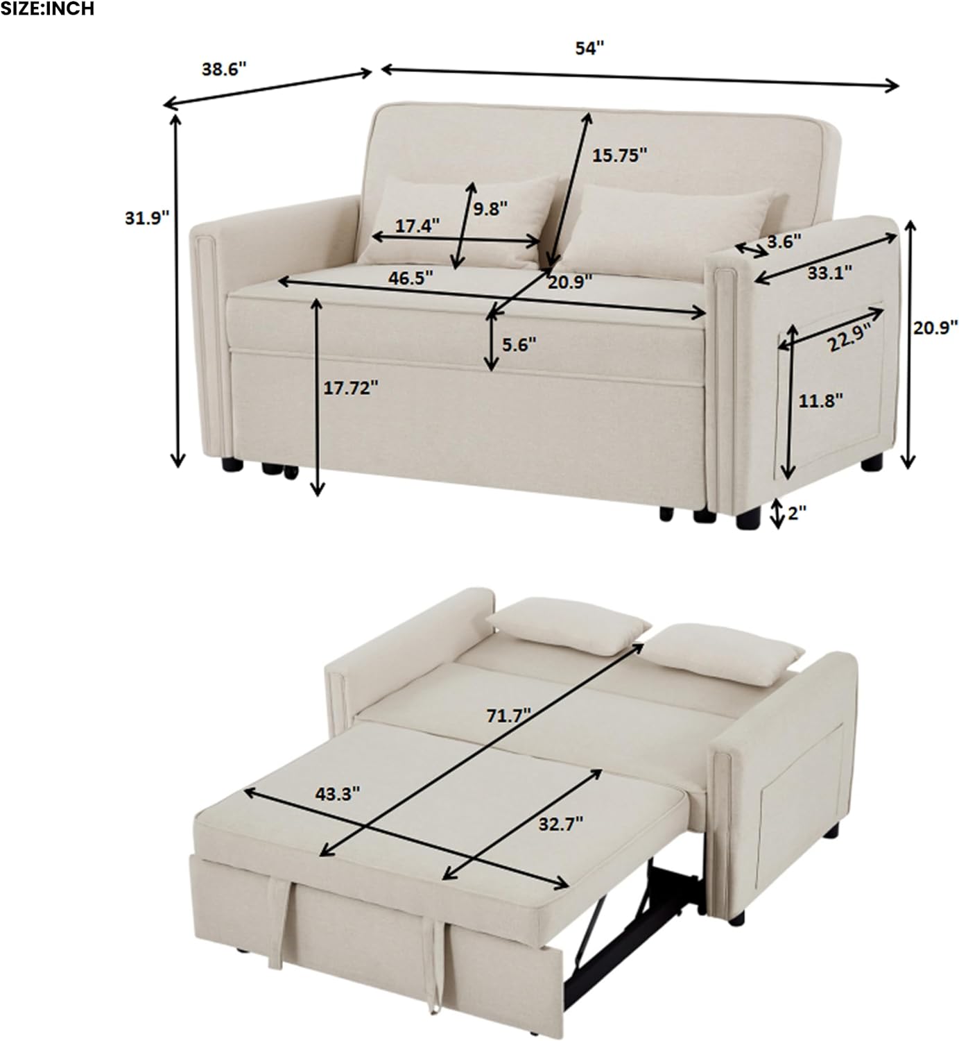 2 Seater Sleeper Sofa Bed with 2 Lumbar Pillows K173157