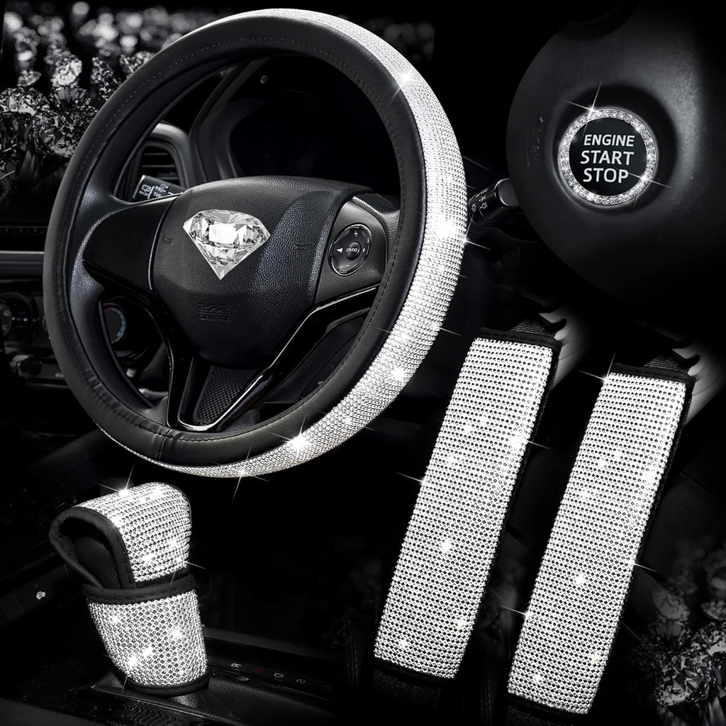 Pink Bling Diamond Steering Wheel Cover 15Inch, Rhinestone Seat Belt Covers 2pcs, Glitter Shift Knob Cover, Crystal Push Start Button U596227