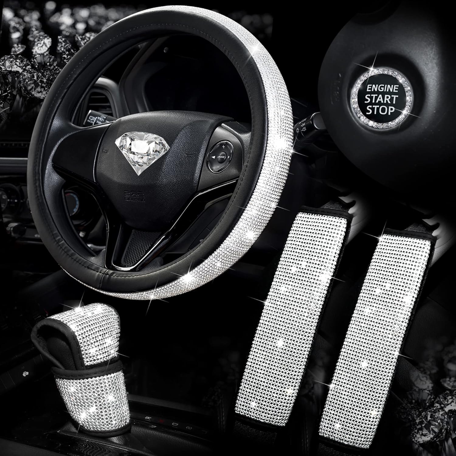 Pink Bling Diamond Steering Wheel Cover 15Inch, Rhinestone Seat Belt Covers 2pcs, Glitter Shift Knob Cover, Crystal Push Start Button U596227