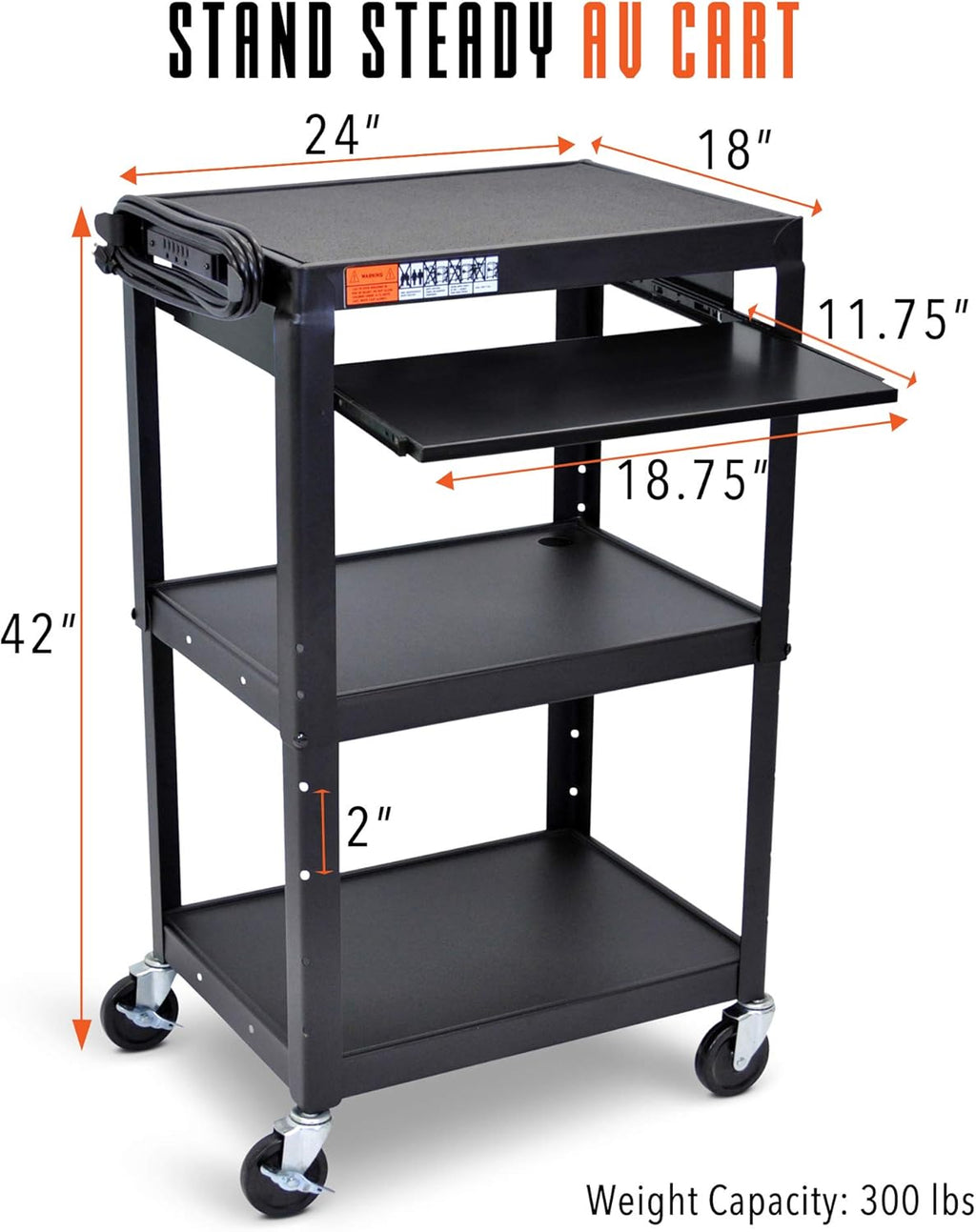 AV Cart on Wheels with Height Adjustable Top Shelf, Pullout Keyboard Tray, 15 ft Power Cord, 42in x 24in x 18in, Black Q56535