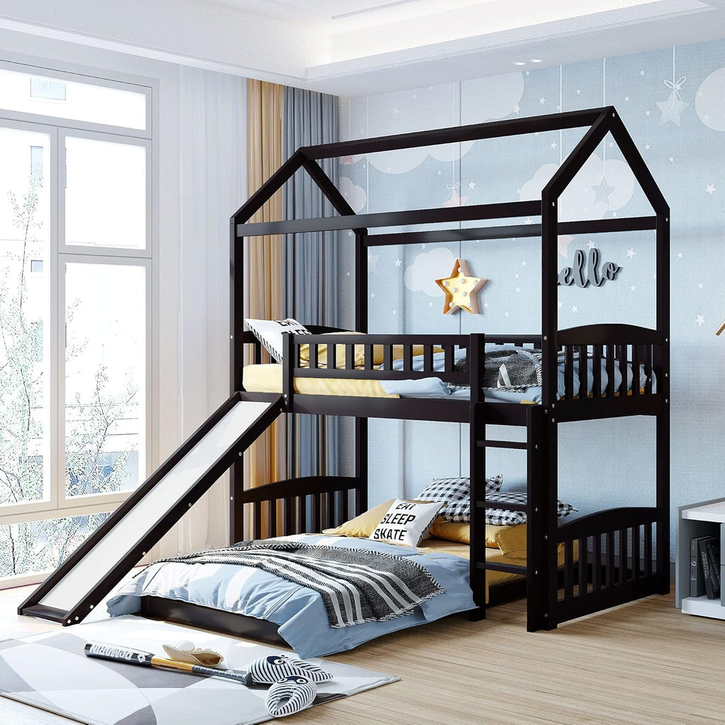 Twin Over Twin Metal Bunk Bed with Slide and Integrated Ladder, Black X460