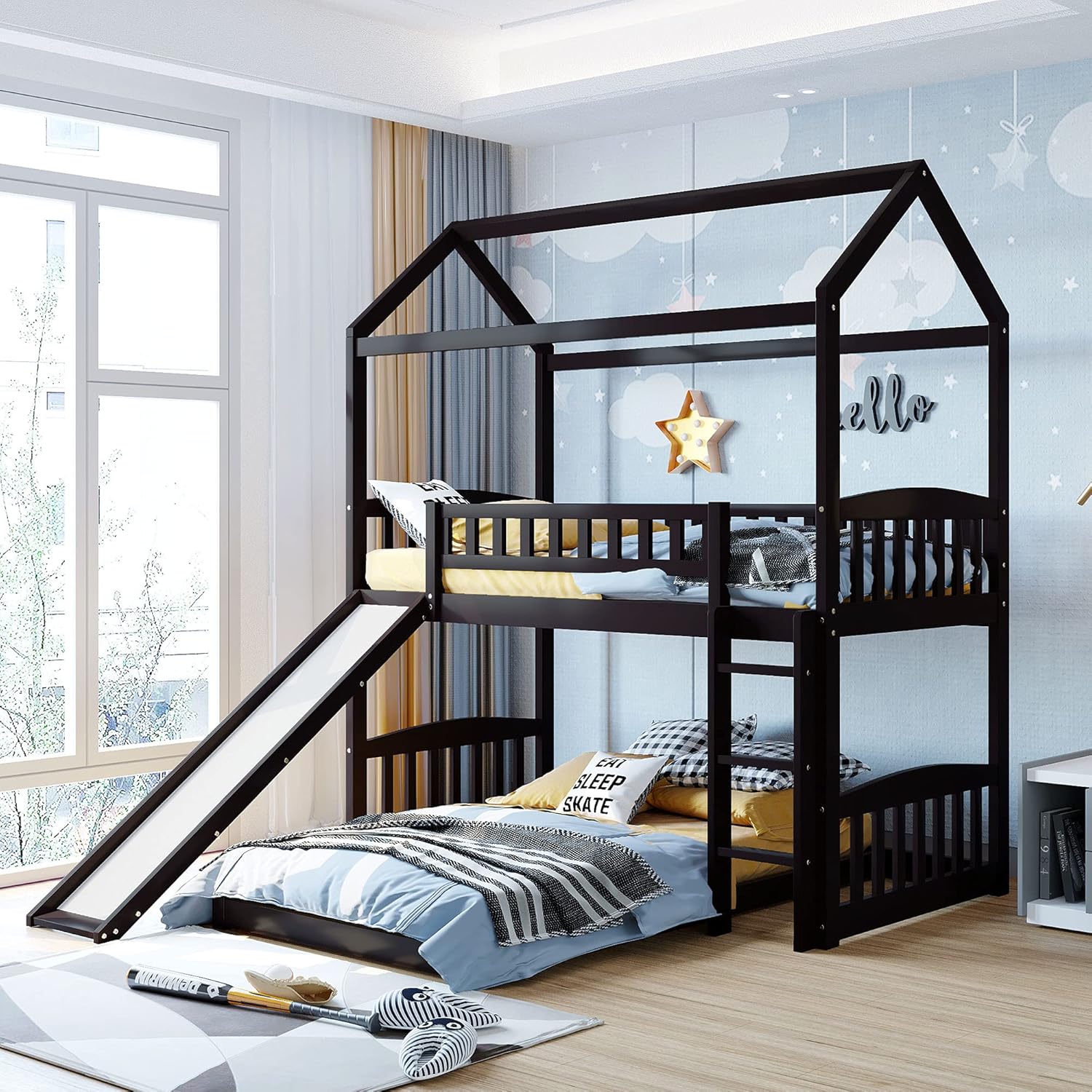 Twin Over Twin Metal Bunk Bed with Slide and Integrated Ladder, Black X460