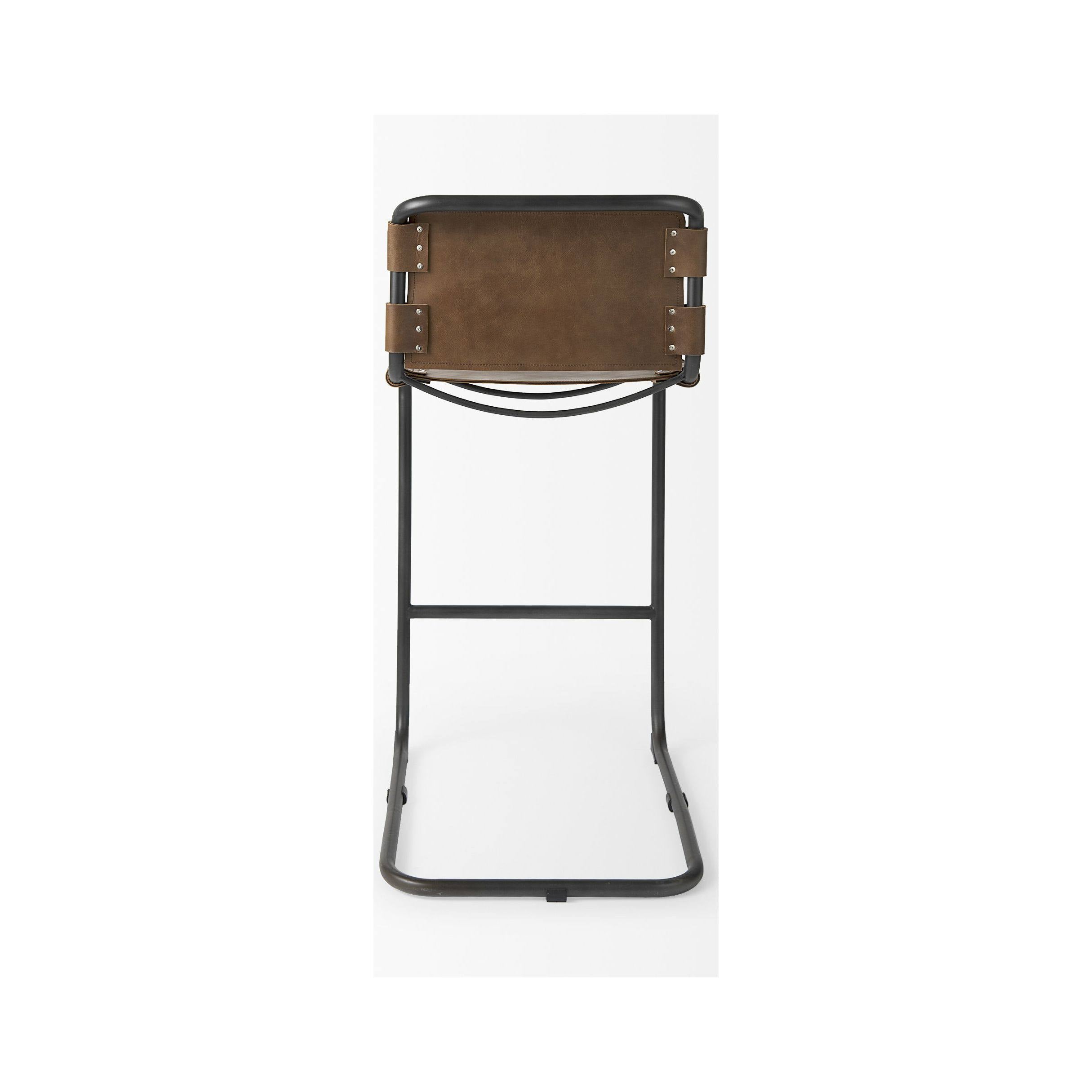 Medium Brown Leather Bar Stool with Iron Frame T814