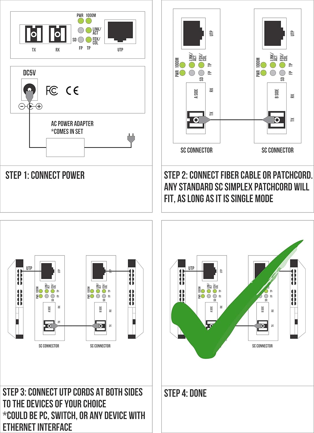 Single Mode SC WDM Gigabit Media Converter with Fiber Module 20km to UTP Cat5e Cat6 RJ-45 Q855398