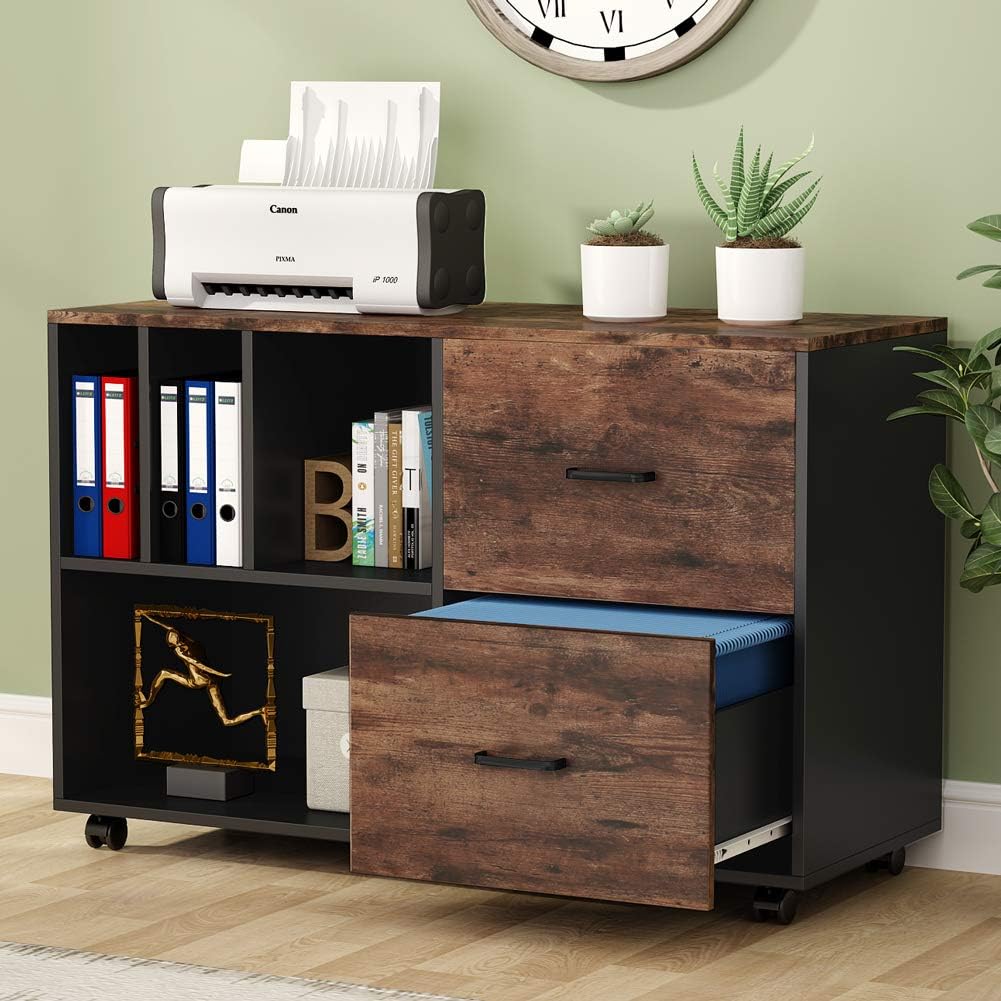 2-Drawer Mobile Filing Cabinet Printer Stand with Wheels and Open Storage Shelves (White) J9913