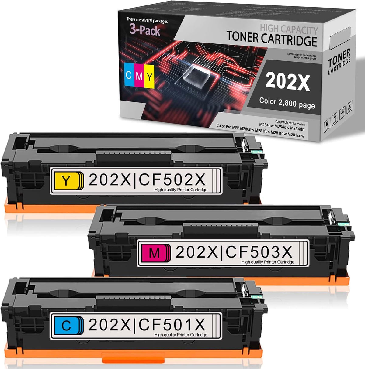 3 Pack 202X Toner Cartridge Compatible for HP Color Pro M254nw M254dw M254dn MFP M280nw M281fdn M281fdw M281cdw Printers M8391
