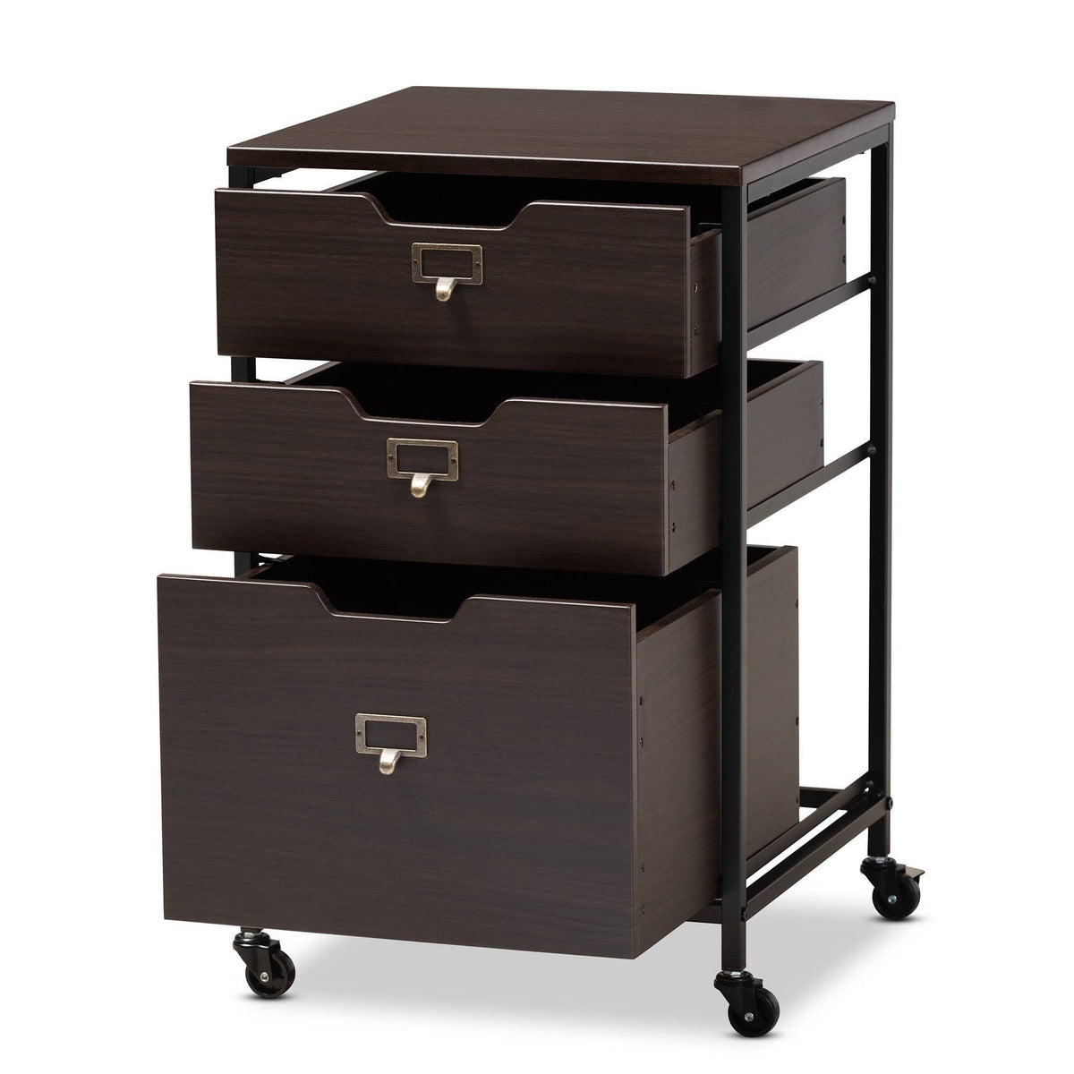 Espresso Wood and Black Metal Mobile File Cabinet 3-Drawer O2602