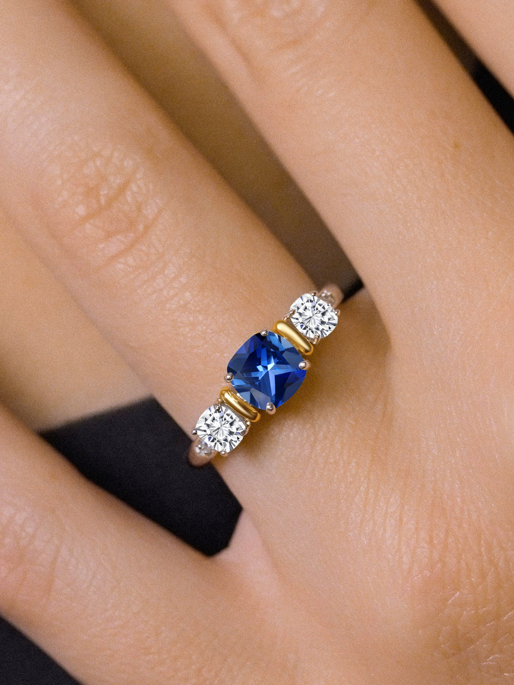 925 Sterling Silver 10K Yellow Gold Blue Created Sapphire White Moissanite 3 Stone Engagement Ring S970