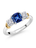 925 Sterling Silver 10K Yellow Gold Blue Created Sapphire White Moissanite 3 Stone Engagement Ring S970