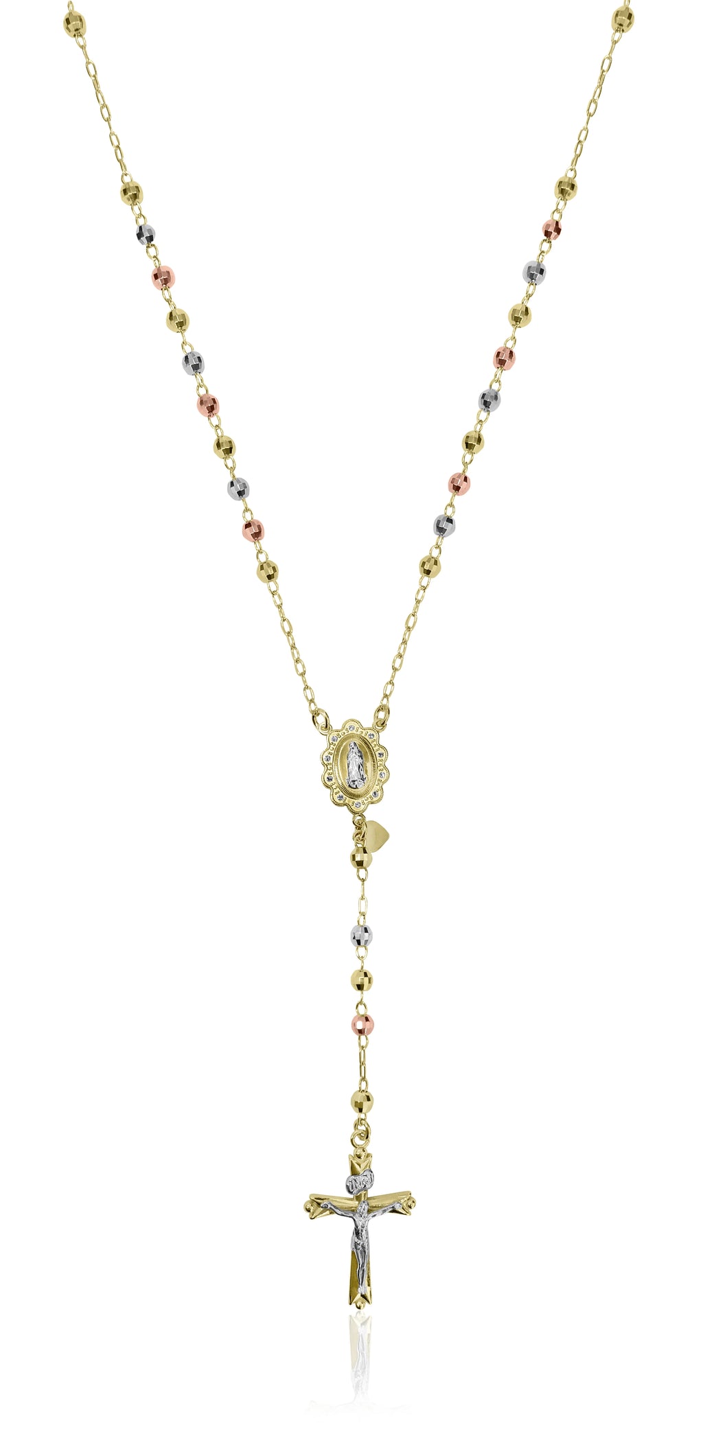 14K Gold Plated Sterling Silver Tri Color Beads Rosary Necklace 26" V9547