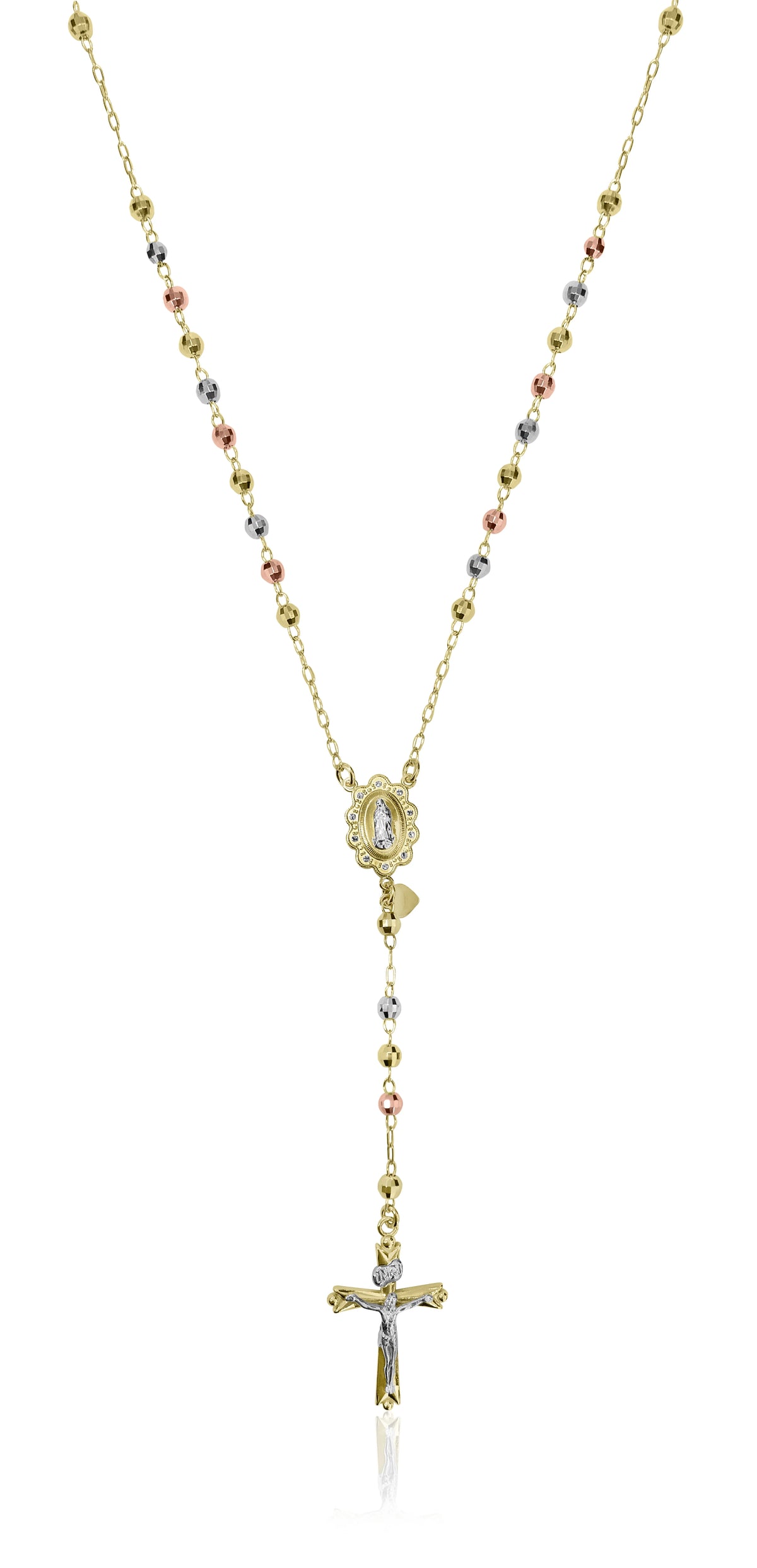 14K Gold Plated Sterling Silver Tri Color Beads Rosary Necklace 26" V9547