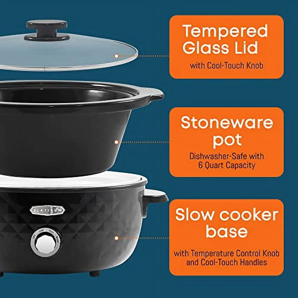 6 Quart Charcoal Black Slow Cooker with Tempered Glass Lid S4081