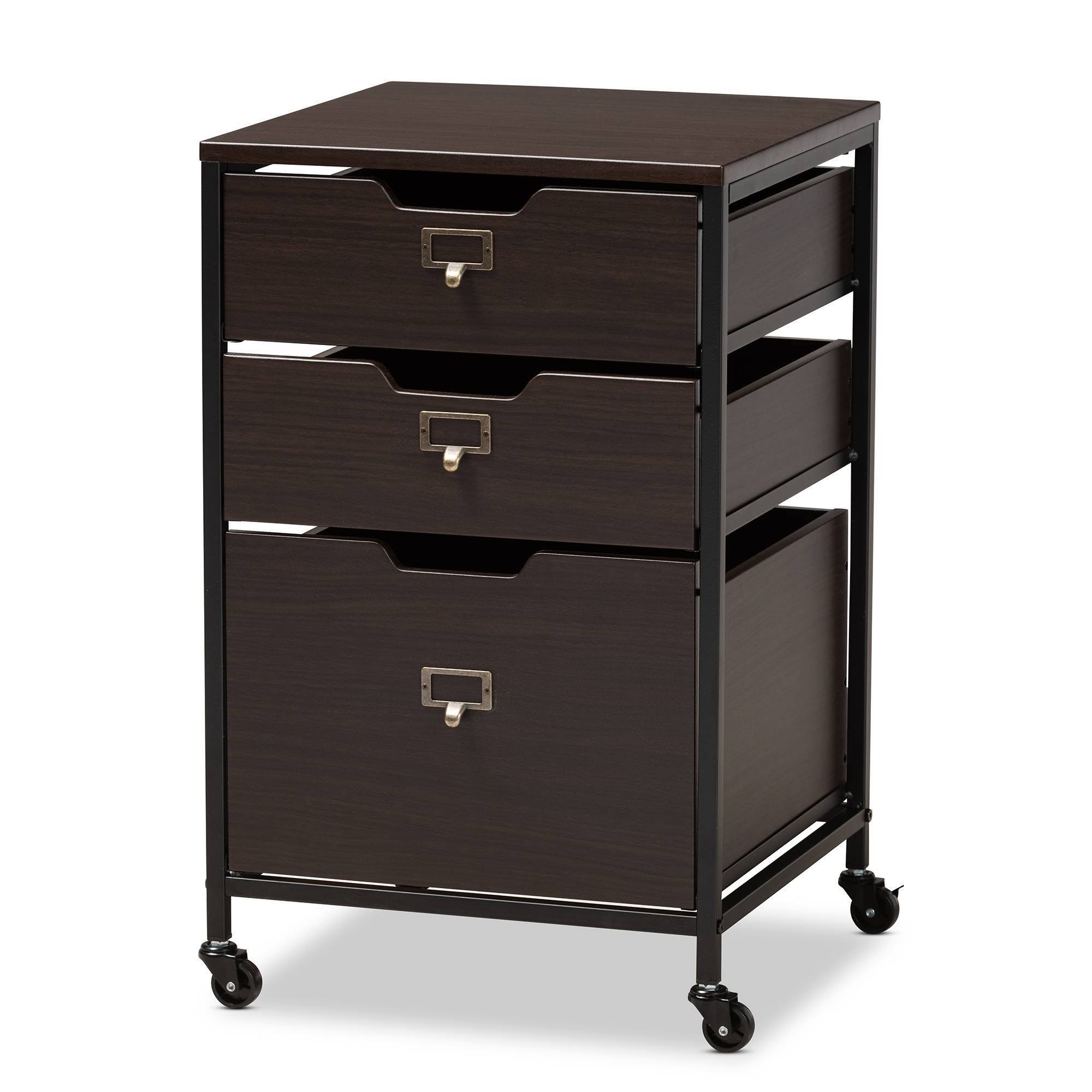 Espresso Wood and Black Metal Mobile File Cabinet 3-Drawer O2602