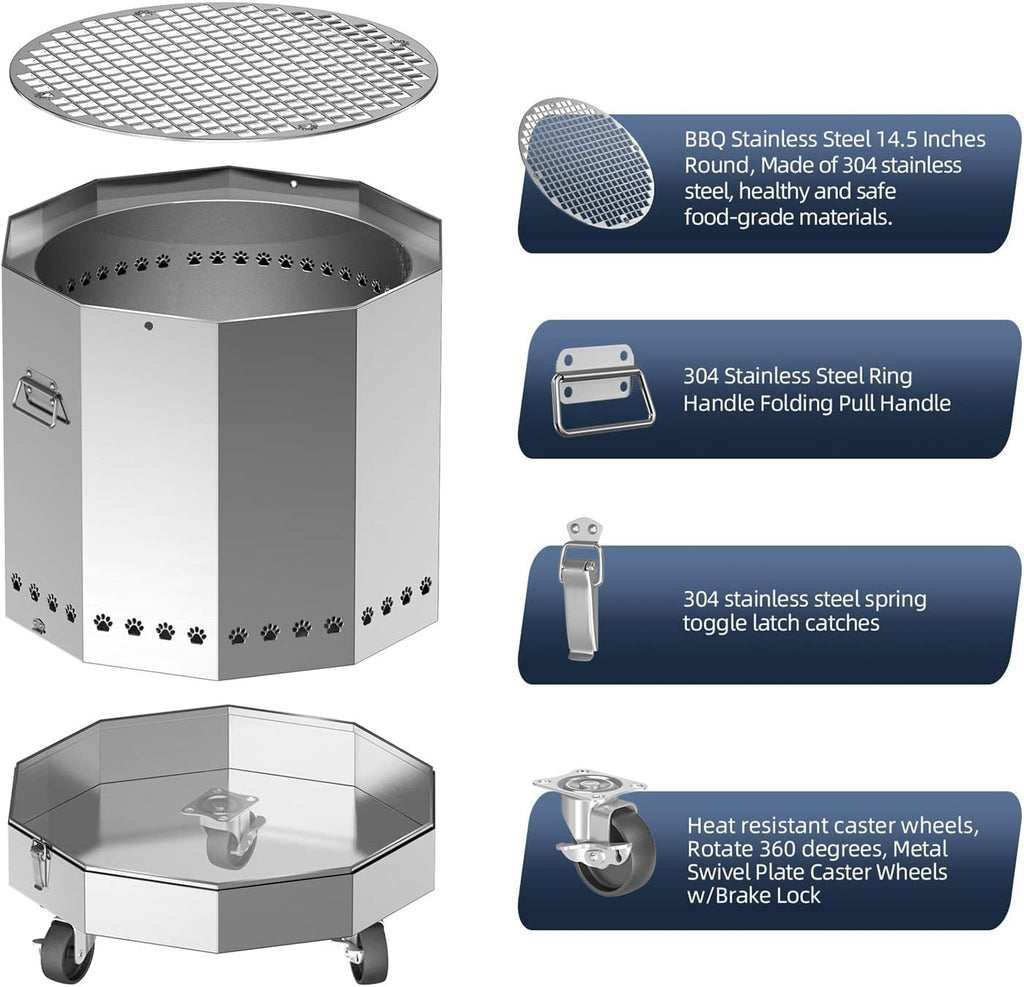 304 Stainless Steel Bonfire Fire Pit & Campfire Grill, Portable, 15.75x17.95 Inches I662
