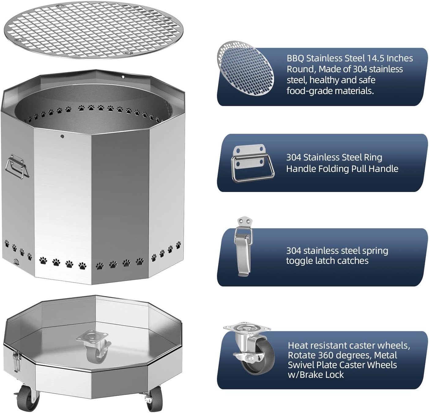 304 Stainless Steel Bonfire Fire Pit & Campfire Grill, Portable, 15.75x17.95 Inches I662