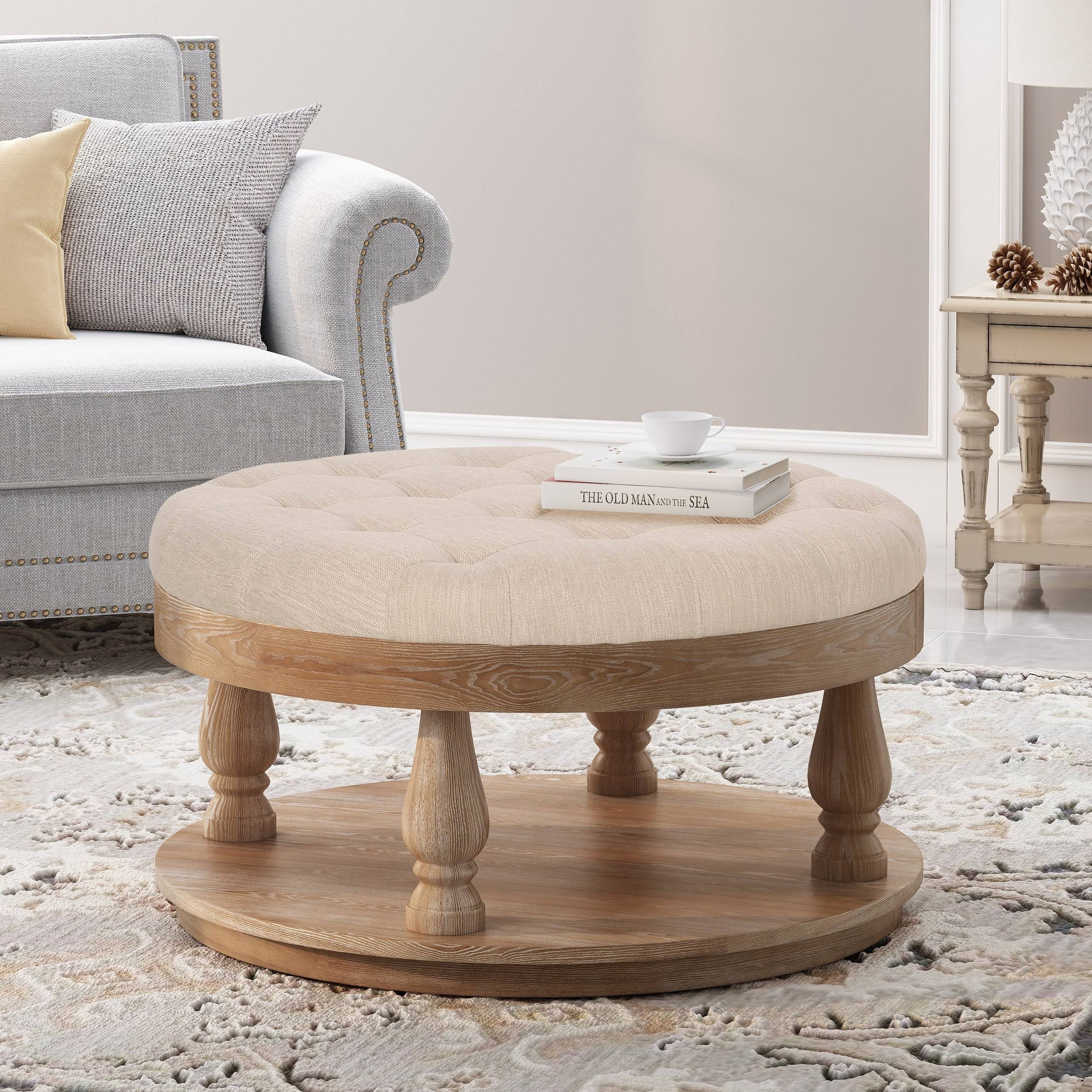 Charcoal and Gray Fabric Round Ottoman U473658