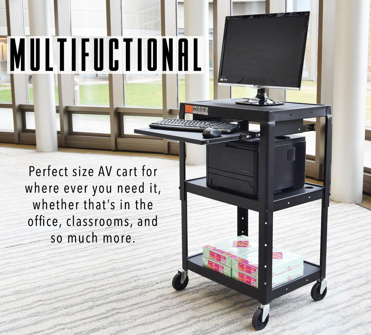AV Cart on Wheels with Height Adjustable Top Shelf, Pullout Keyboard Tray, 15 ft Power Cord, 42in x 24in x 18in, Black Q56535